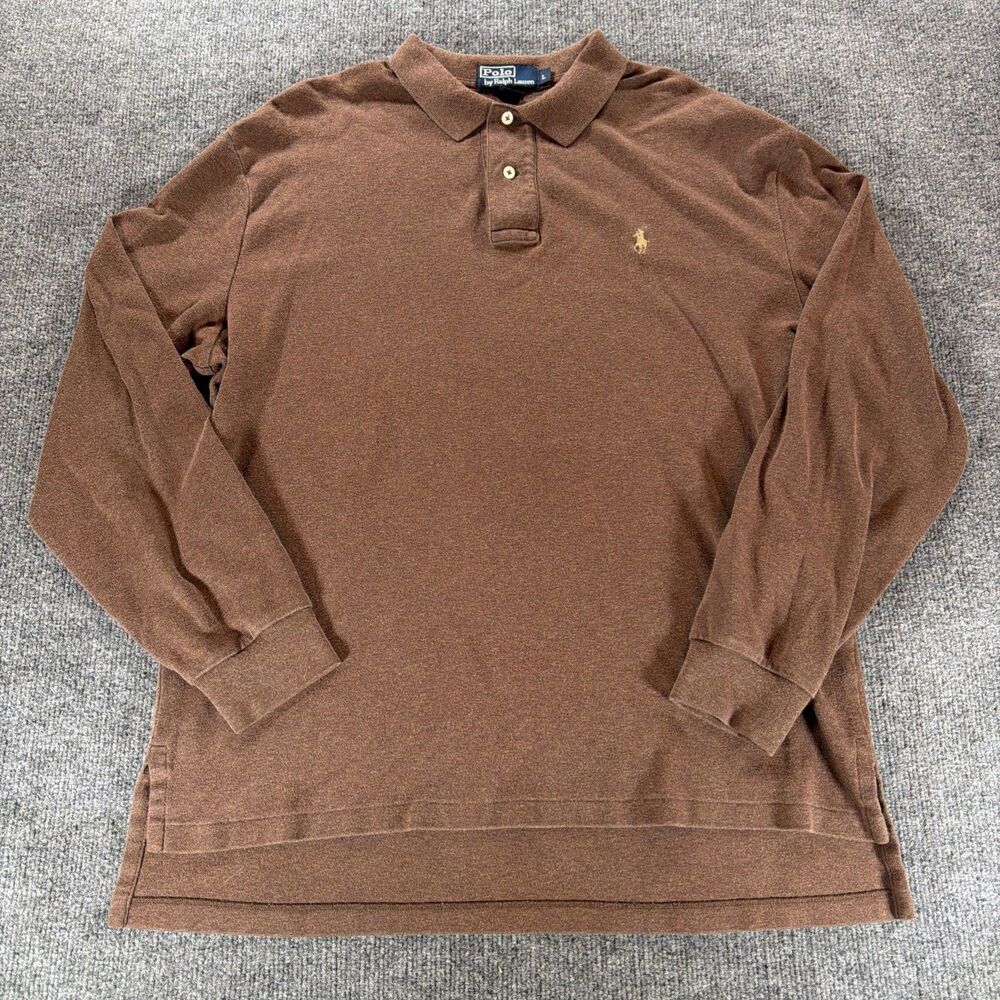 Polo Ralph Lauren Men Long Sleeve Polo Shirt Brown Tan Pony Large Cotton